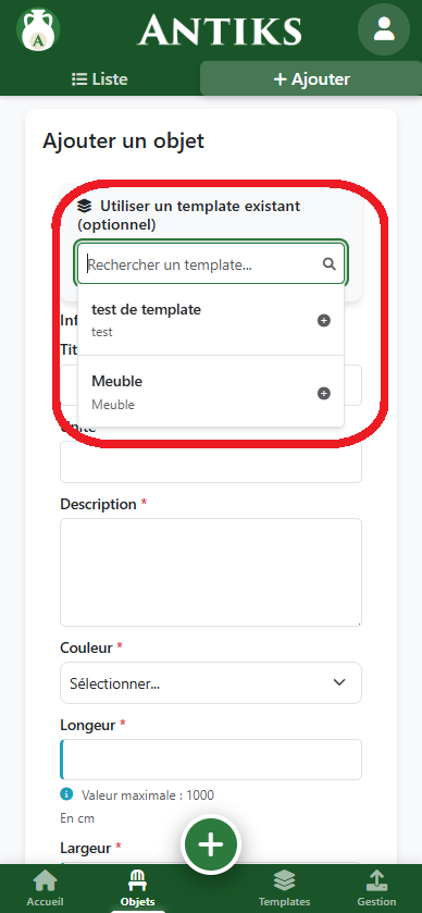 Sélection template mobile