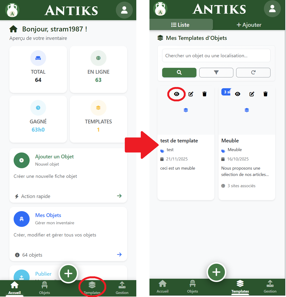 Liste des templates mobile